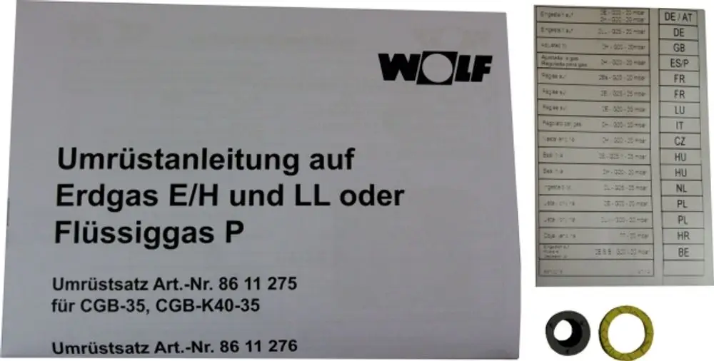 Handbuch für den Umrüstsatz von Wolf auf Erdgas E/H und LL oder Flüssiggas P, mit zugehörigen Komponenten und technischen Informationen für CGB-35 und CGB-K40-35.